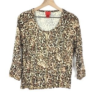 V CRISTINA Top Blouse Leopard Animal Print 3/4 Sleeves Metallic Mob Wife Medium